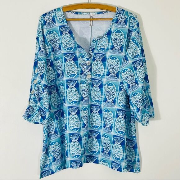 Lulu-B Blue Fish w Abalone Shell Style Button V Neck and Sleeves Tunic Size M - Picture 1 of 8